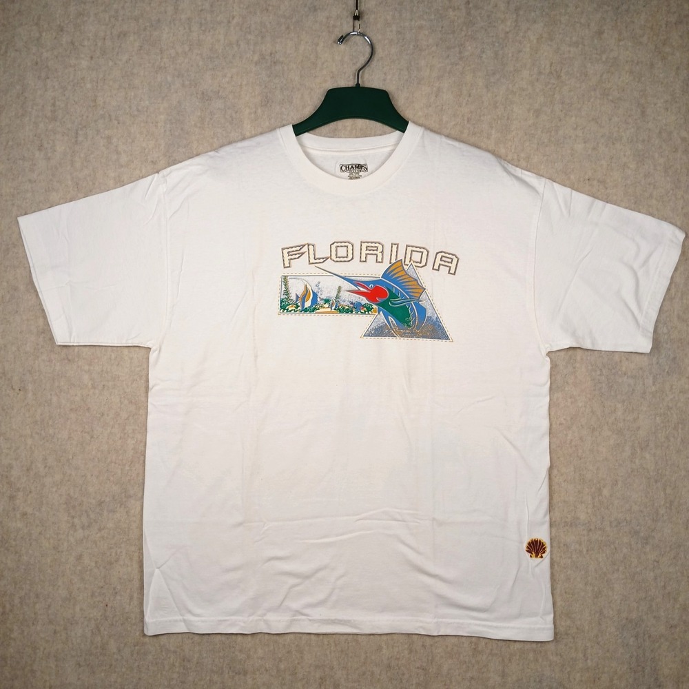 VINTAGE Florida Shirt Mens 2XL Sword Fish Short Sleeve 90s Cotton Champs Sports